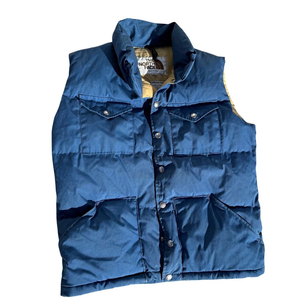 Vintage 70/80s The North Face Brown Label Down Puffer Vest Blue Tan Made USA S